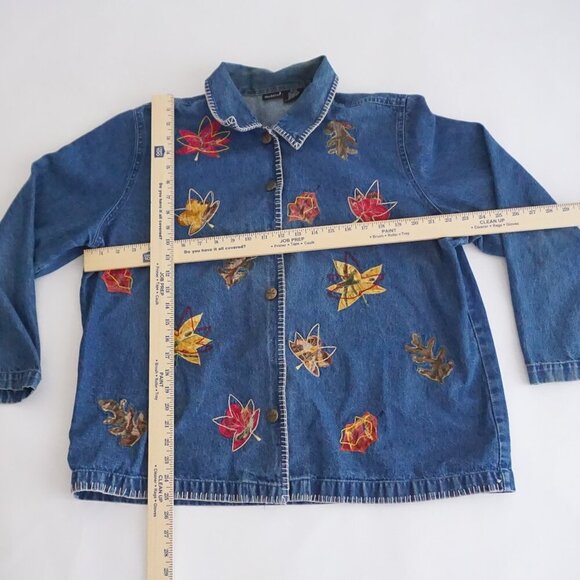 Vintage Northcrest Blue Denim Leaf Leaves Applique Button Cotton Jacket 18/20 - Picture 2 of 15